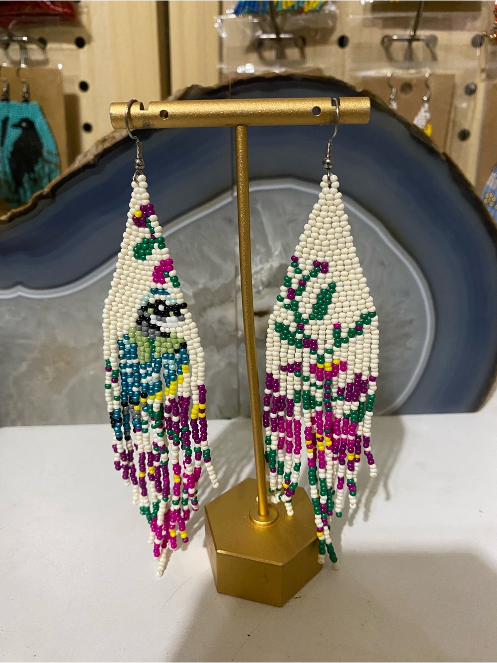 Handmade Beaded Bird Fringe Earrings - White, Green & Pink